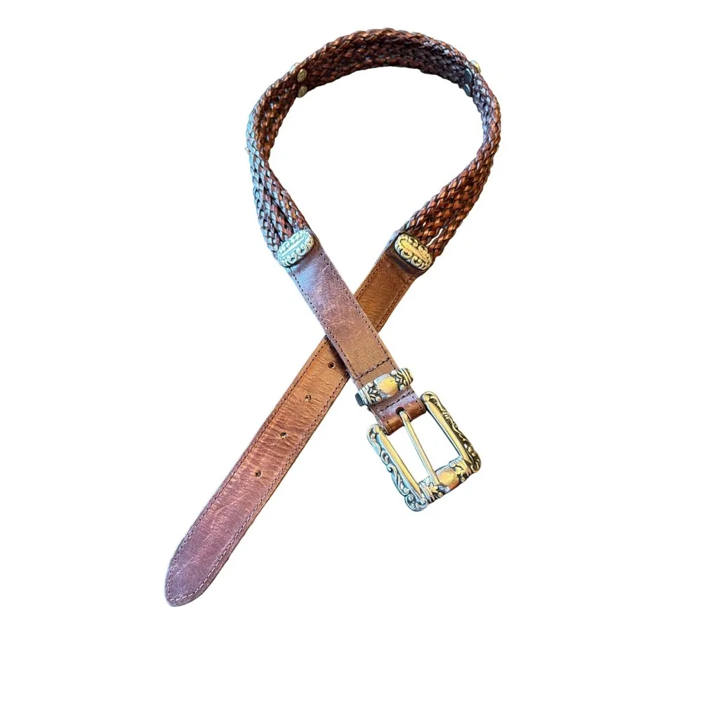Belt Brown Woven Leather Western Braided Silver Buckle Made in USA 32